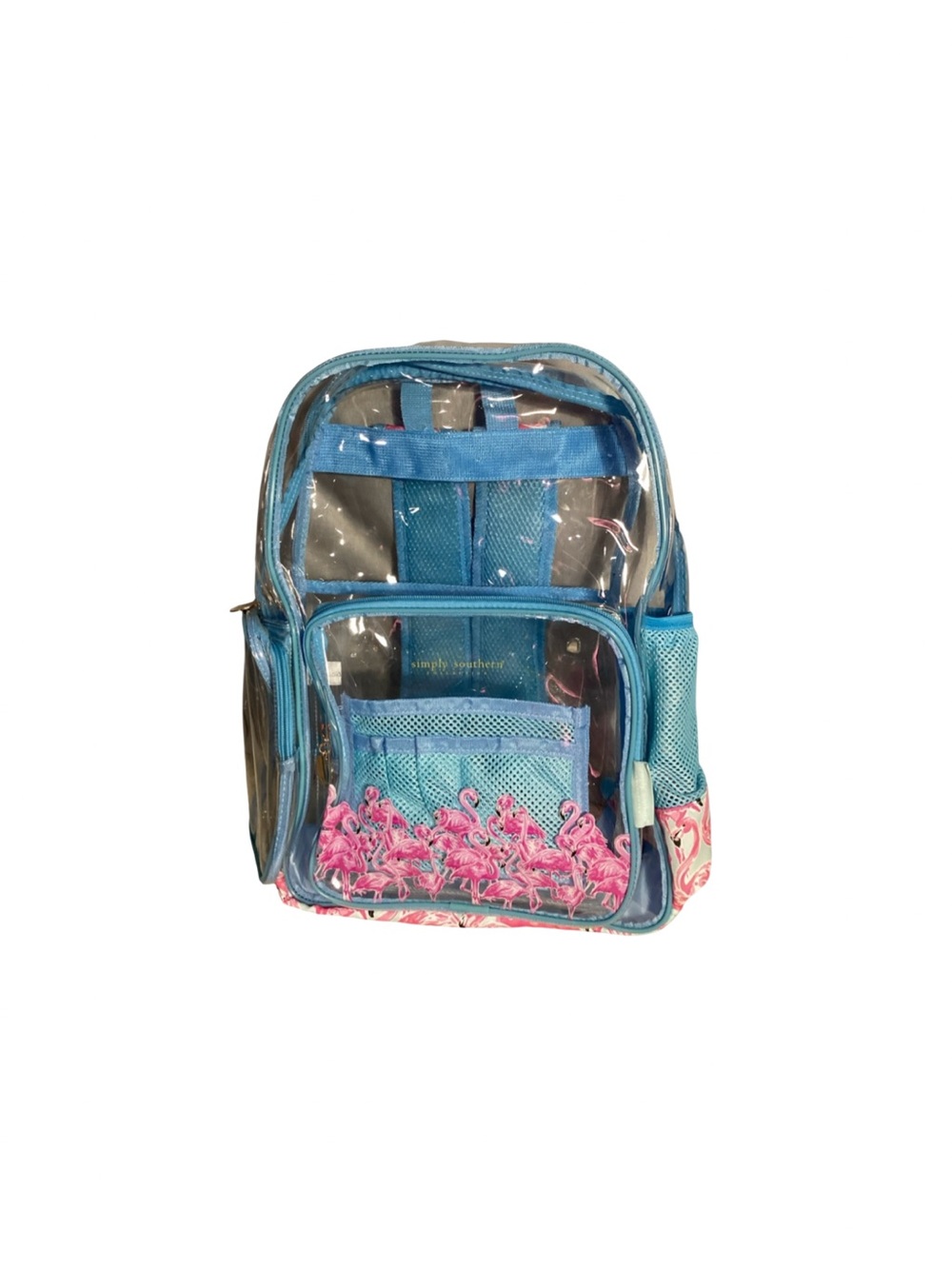 Simply Southern PVC Pink Flamingos Blue Trimmed Clear Transparent Backpack RARE